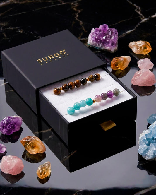 Caja Surgo ®Origen Parejas Incluye 2 Brazaletes Ojo de Tigre y Cuarzos, Piedras Certificadas.